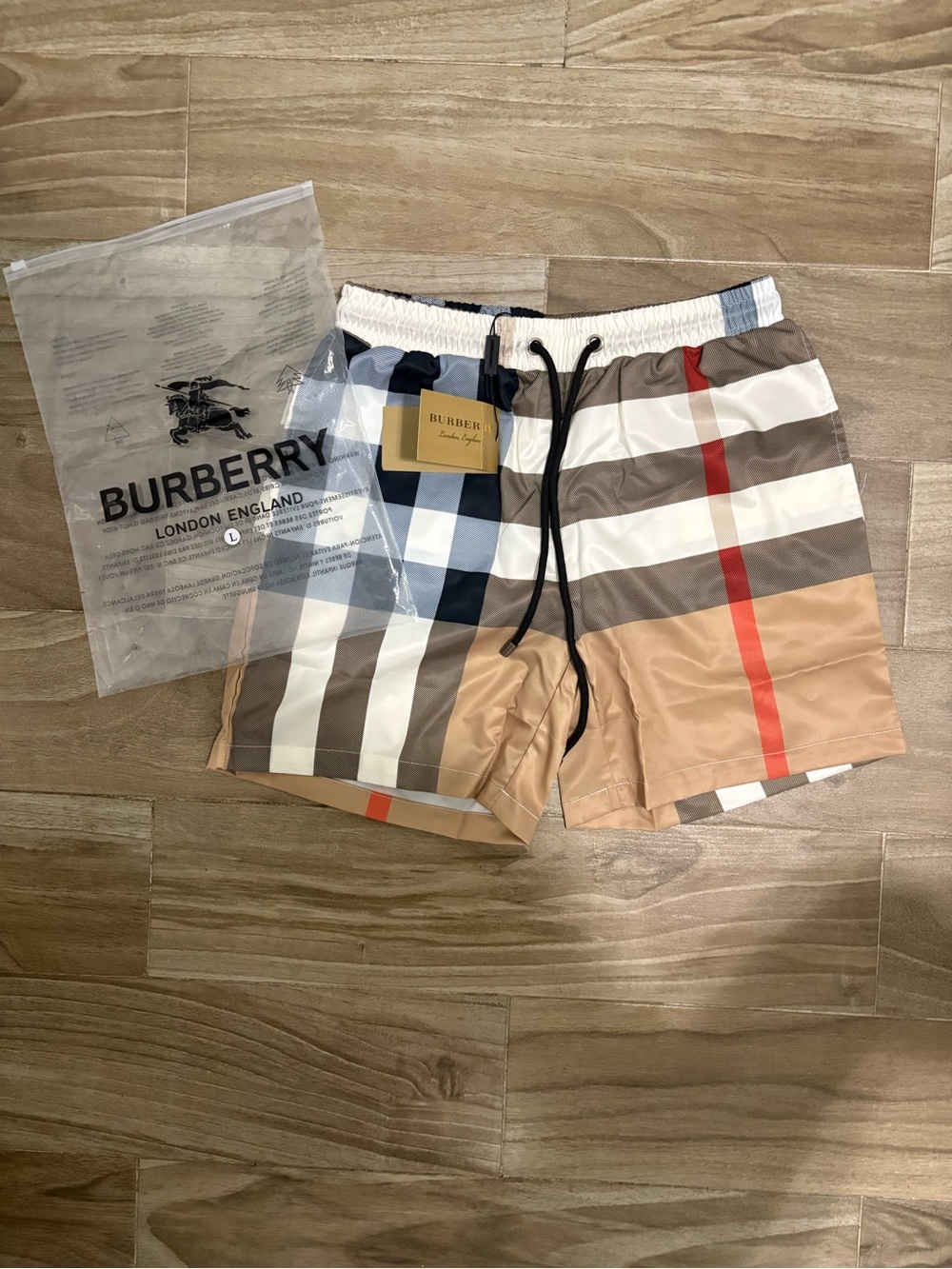 Burberry Men's Tan, Brown, White & Red Check Athletic Shorts